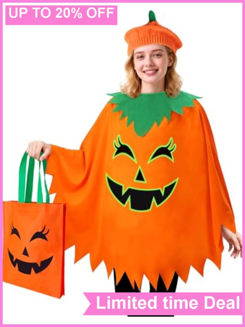 Glow in the Dark Pumpkin Halloween Costume Women Poncho Hat Bag One Size
